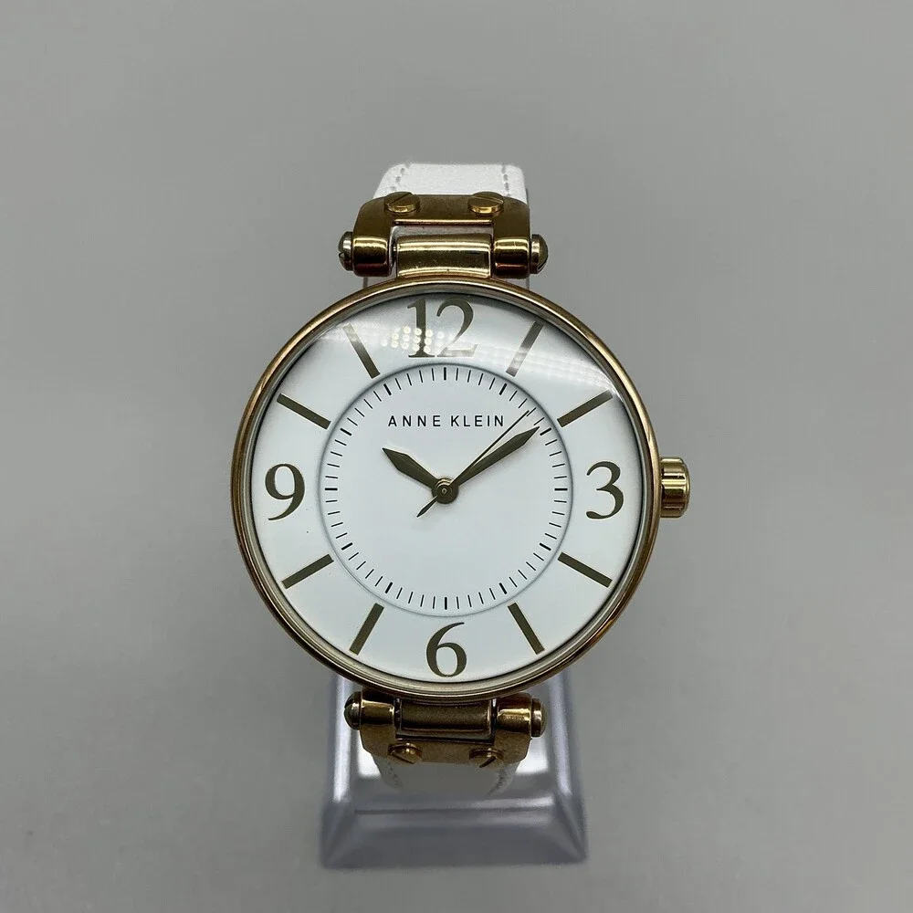 Anne Klein Womens Watch 34mm Gold Tone White Leather Classic New Battery